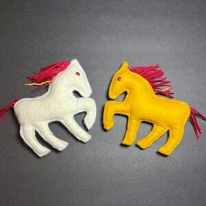 VTG Set of 2 Handmade Felt Red Haired White & Yellow Horse Figure Ornaments 4"